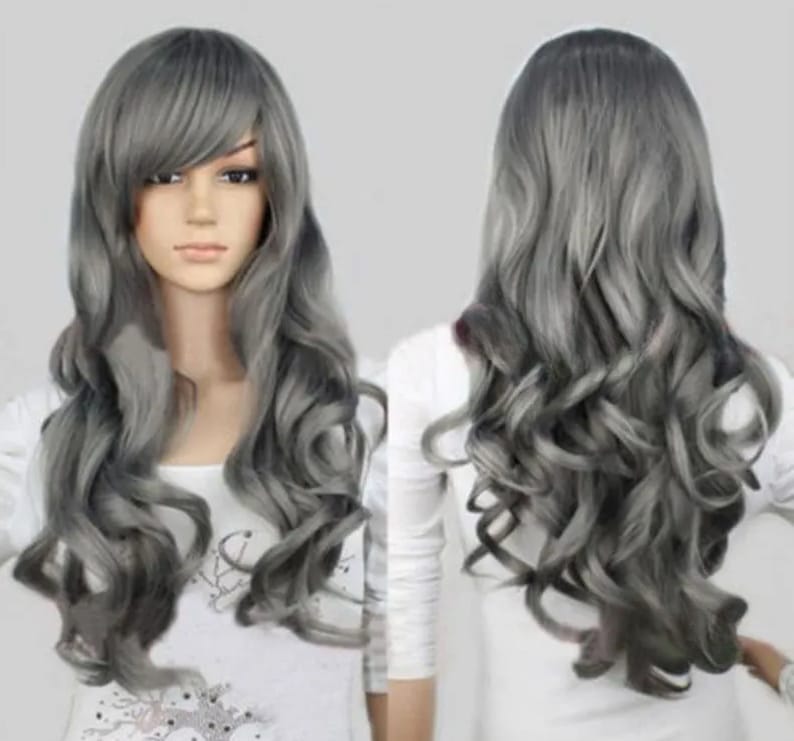 Sexy Long Gray Curls Wave Side Bang Cosplay Synthetic Hair Wig