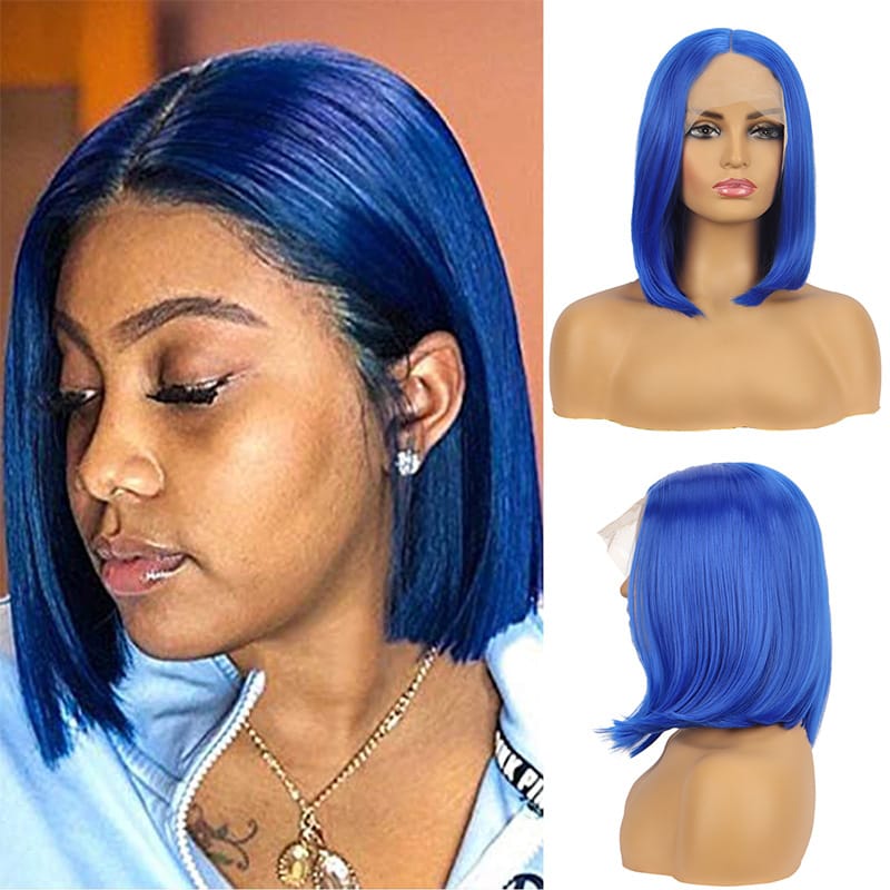 New Women's Medium Short Blue Bob Straight Lace Front Hair Wigs