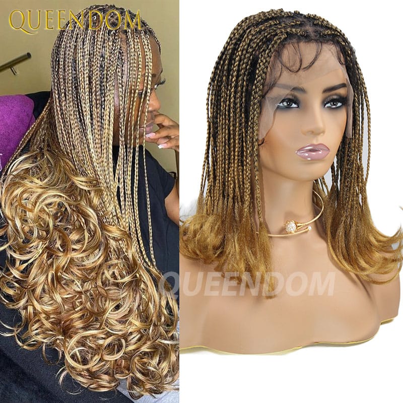 French Curl Braided Wig Box Braided Wigs For Black Women Crochet Hair Cornrow Ombre Blonde African Synthetic Short Braiding Wig