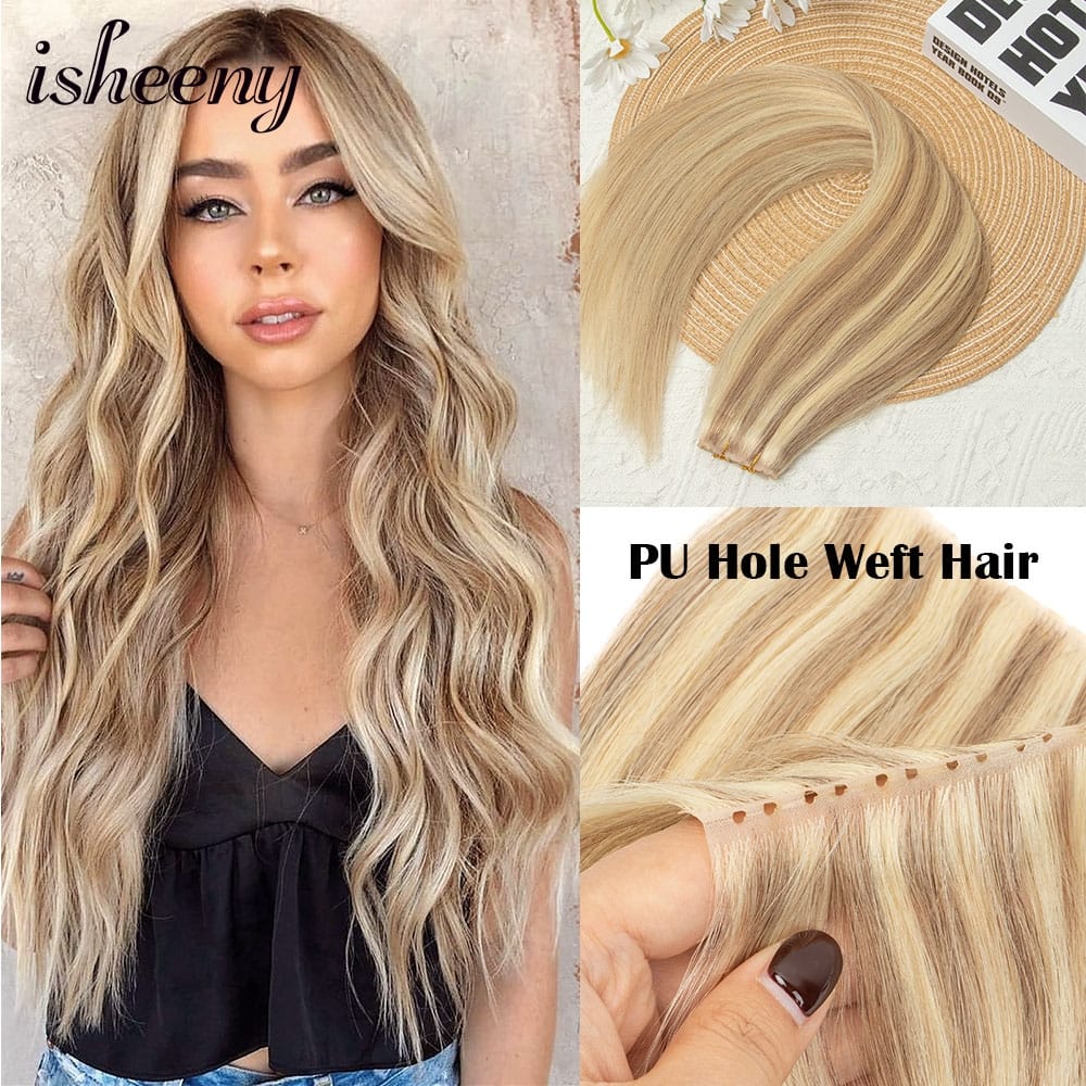 Double Inject XO Hole Weft Human Hair Extensions 16"-24" Invisible Twin Tab Weft Hair Natural Straight Pull Through Micro Hair