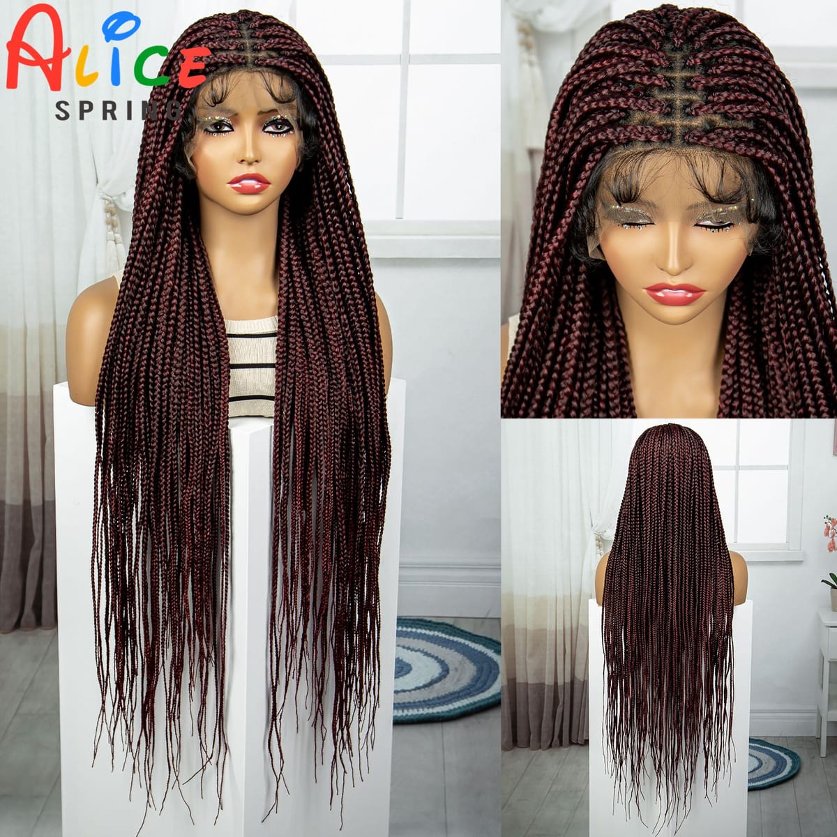 34 Inches 99J Burgundy Synthetic Full Lace Knotless Box Braided Wigs for Black Women Lace Front Braided Lace Wigs with Baby Hair
