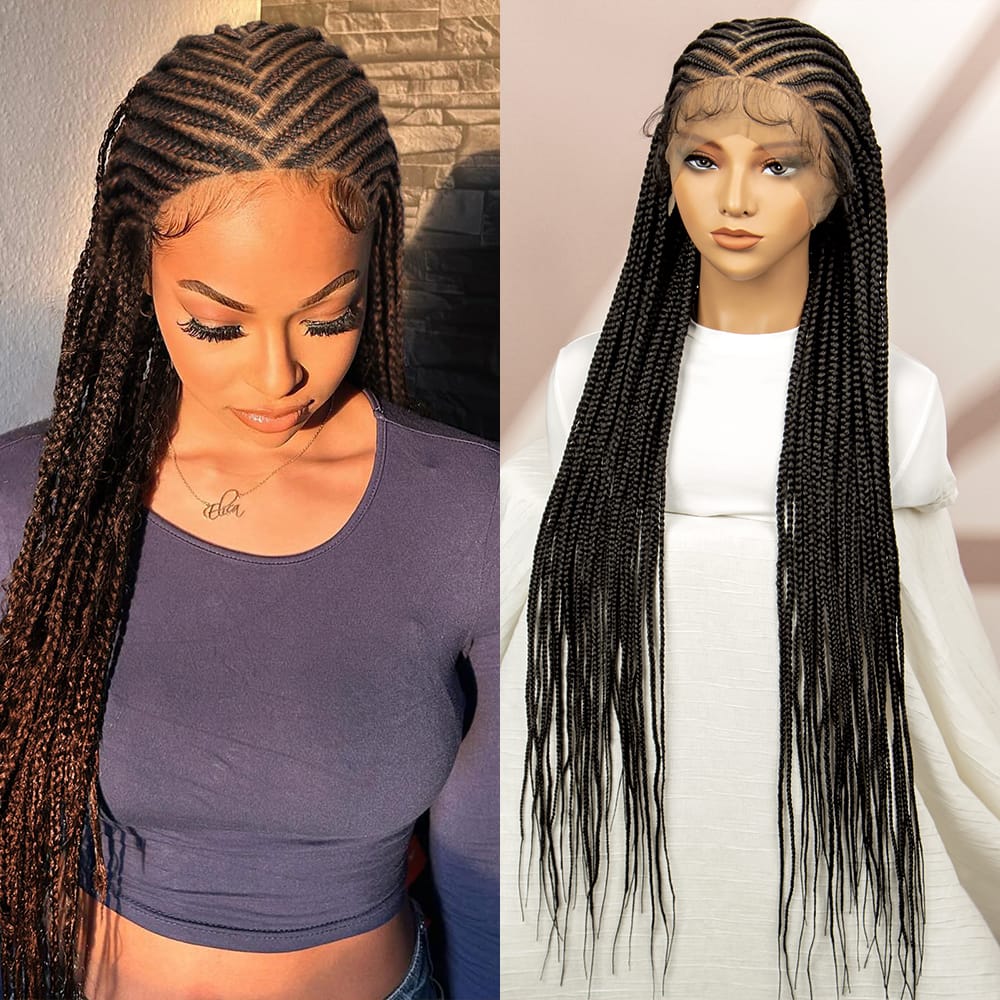 Full Lace Synthetic Braided Wigs Lace Frontal Box Braids Wigs with Baby Hair 36 Inches for Black Women Daily Use Natural Look