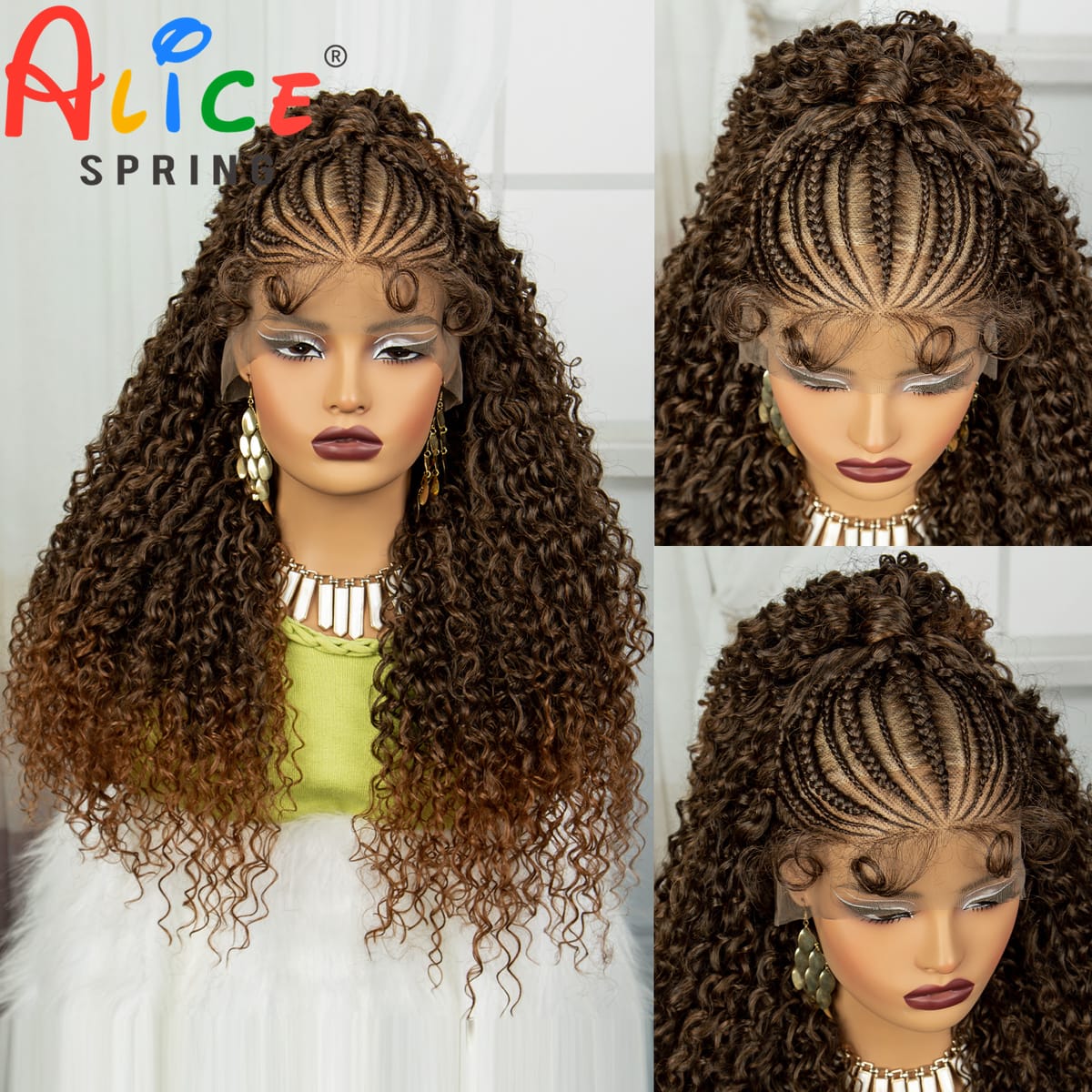 1B30 Color 24Inch Synthetic Hair Wig Transparent 13x6 Lace Frontal Braided Wig Curly Cornrow Braids Wig with Baby Hair for Women