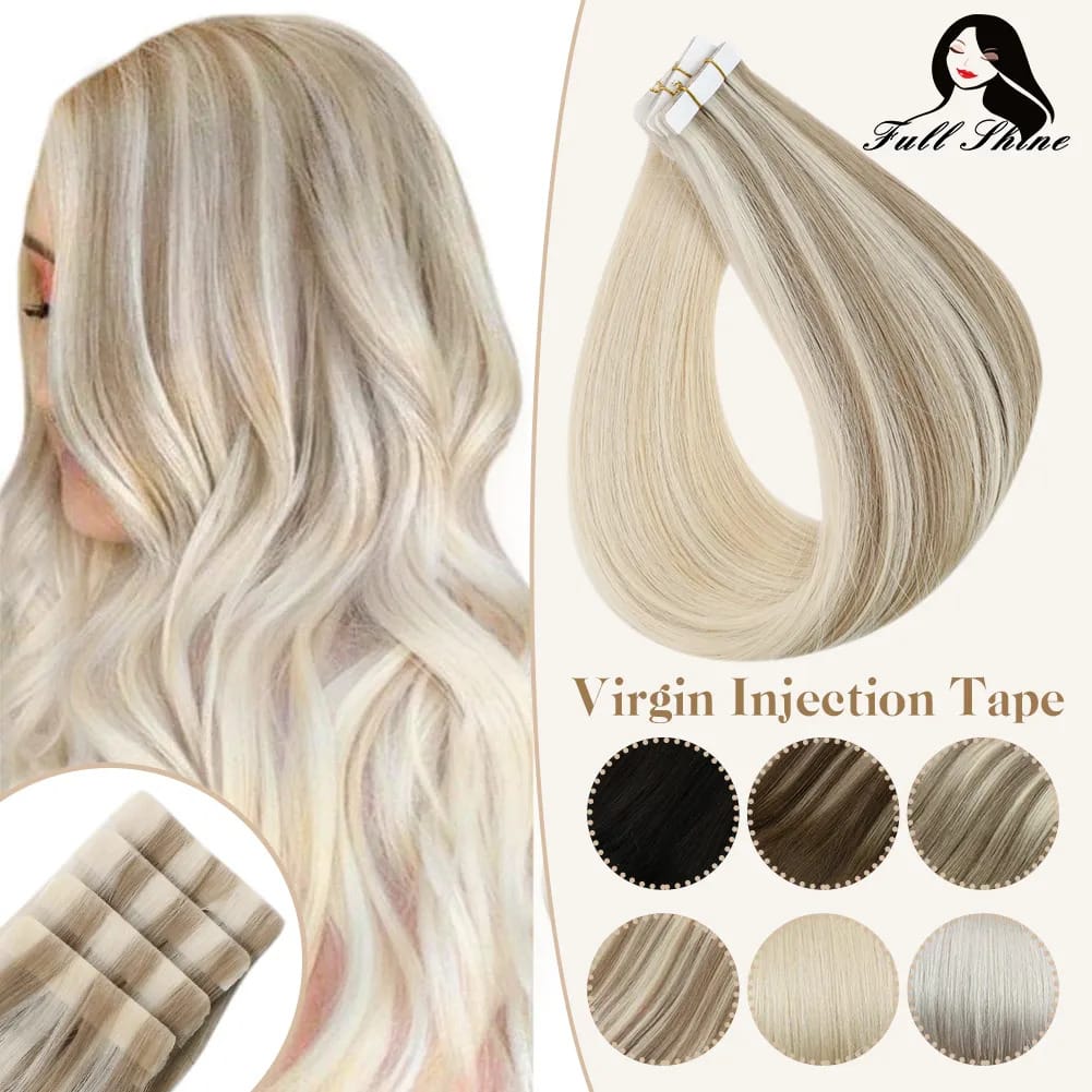 Full Shine Injection Virgin Human Hair Extensions PU Skin Weft Hand Tied Tape In Blonde Color Virgin Invisible Seamless 2021
