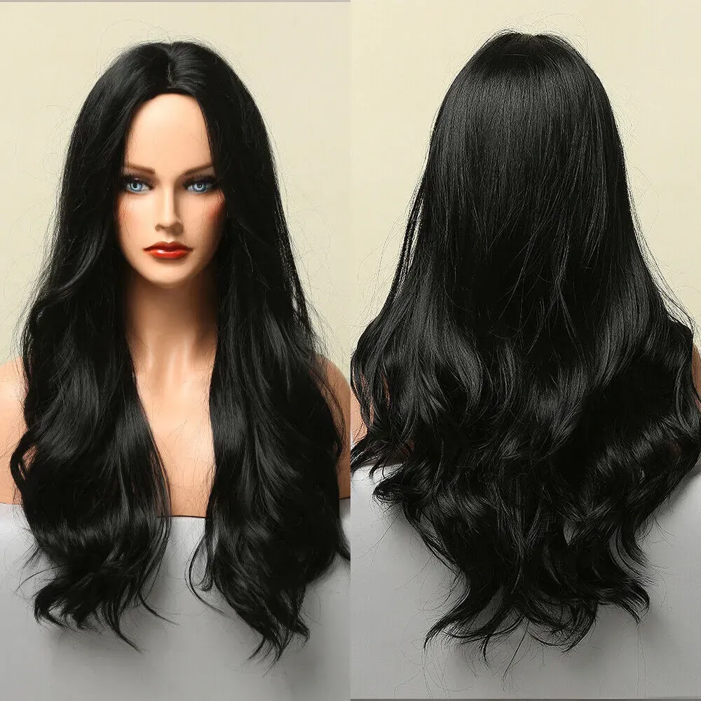 Fashion Long Black Curly Middle Part Heat Resistant Women Daily Cosplay Synthetic Hair Wigs