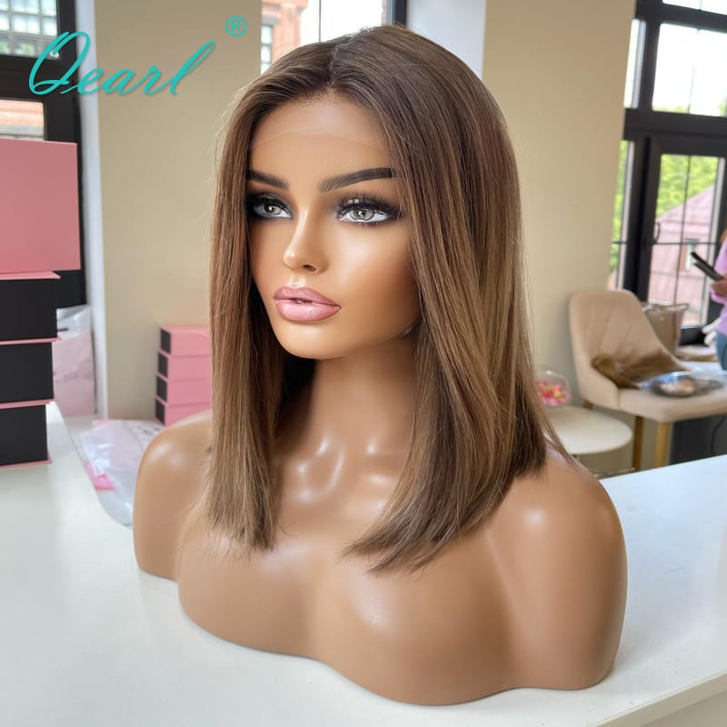 Straight Short Bob Lace Frontal Wig 13x4 Real Human Hair Wigs for Women Brown Ombre Blonde Glueless Virgin Lace Wig 150% Qearl