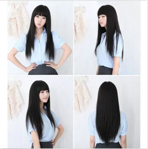 New Women’s Long Synthetic Black Straight Natural Wig Hair Full Wigs With Bangs
