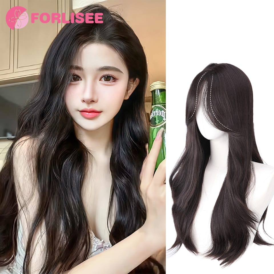 FORLISEE 23-Inch Korean-style S-slit Long Curly Hair Synthetic Natural Middle-parted Curly Chemical Fiber Heat-resistant Wig