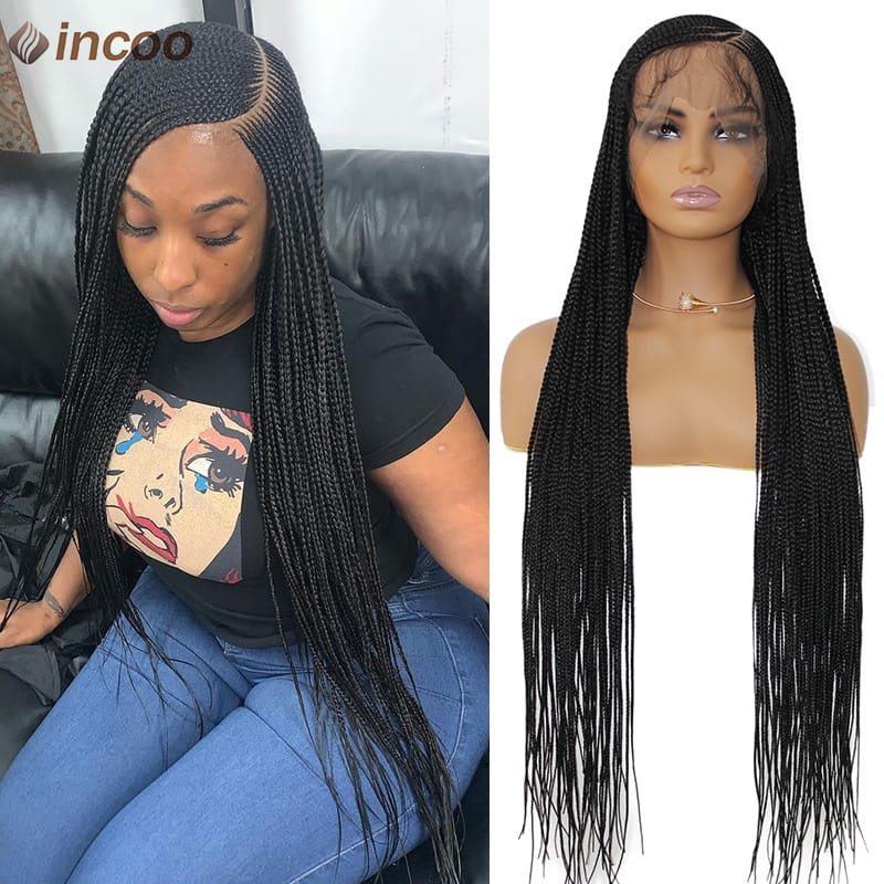 Synthetic Braided Wigs Full Lace Frontal Cornrow Braids Wig For Black Women Side Part Box Braids With Baby Hair Locs Goddess Wig