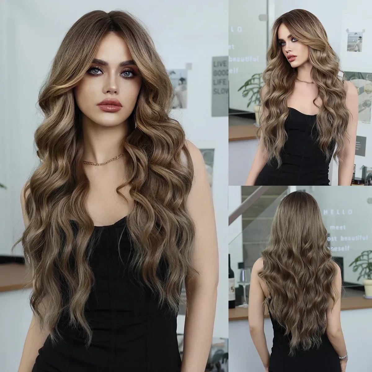 26“ Long Omber 2Style mix Blonde Brown Gradient Color Wavy Women’s Cosplay Hair Wig with Bangs