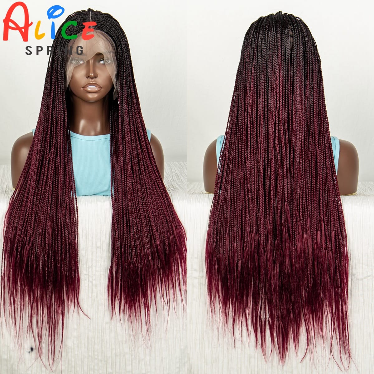 Straight Burgundy Braided Wigs 32 inch Synthetic T Part Lace Frontal Braiding Hair Wig Transparent Knotless Braids Wig for Women