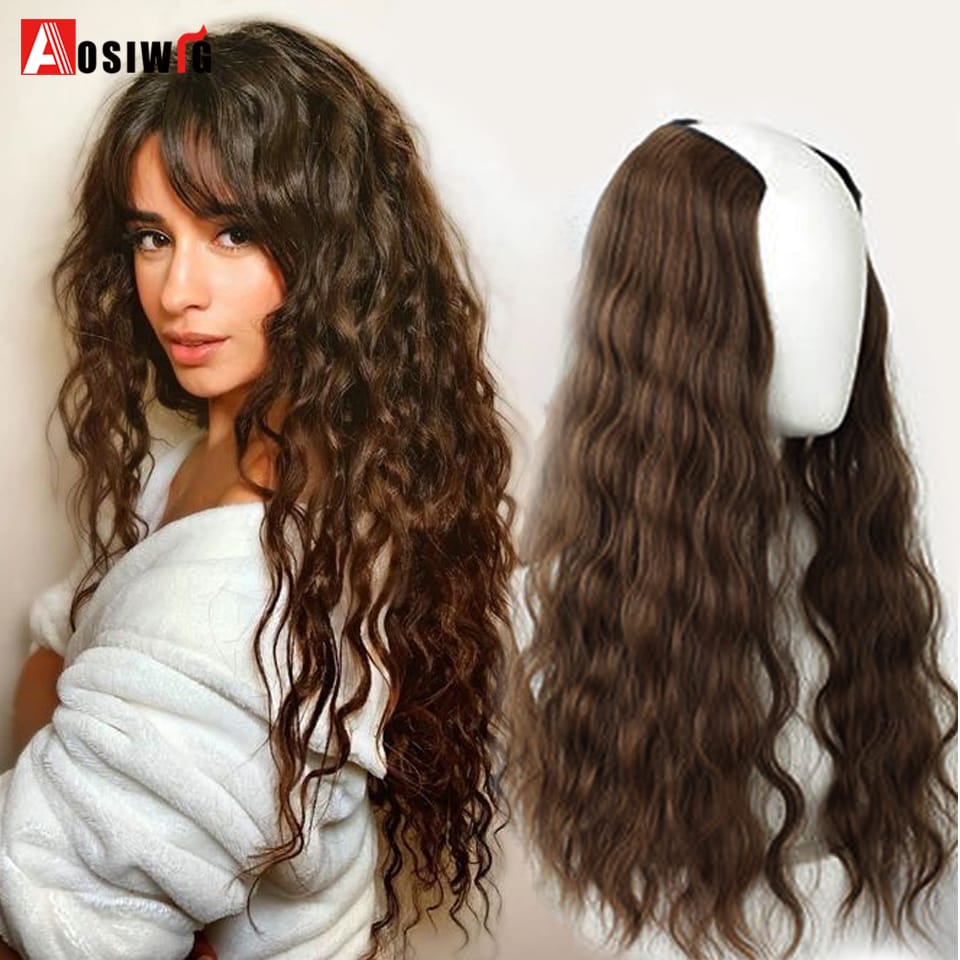 AOSI Synthetic Hair Fake Hair Extensions Clip Hairpiece V-Shaped Half Wig Natural Wavy Extension False Strands On Hairpins Women