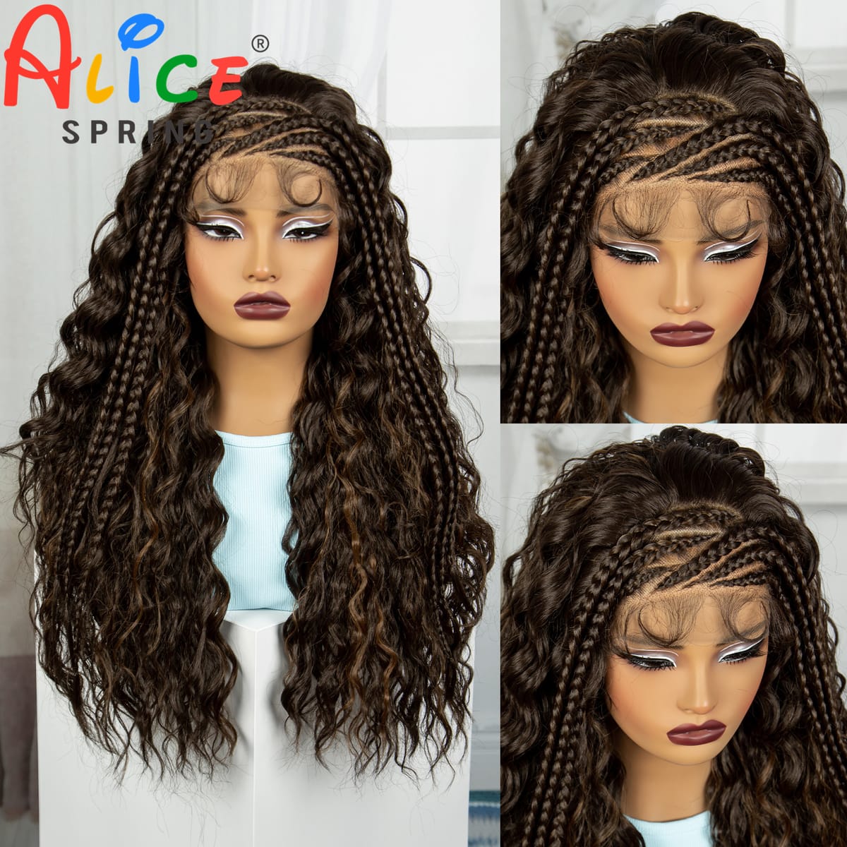 26 Inch 4-30 Water Wave Synthetic Braided Wigs Lace Braided Wigs Curly Knotless Box Braids Wigs With Baby Hair for Black Woman