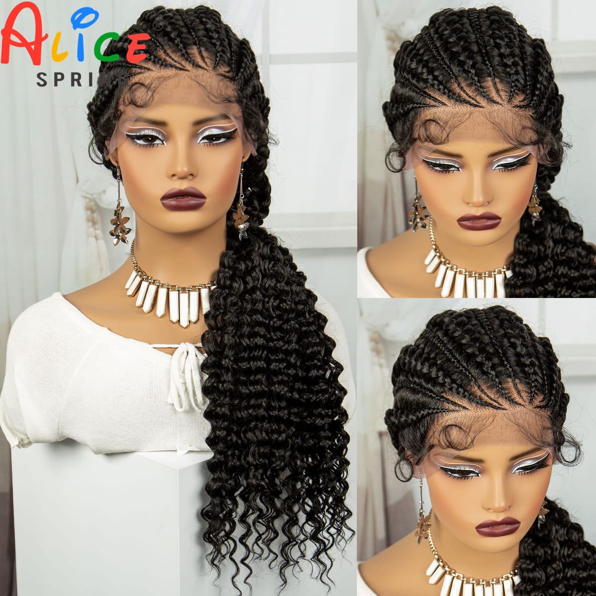 28 Inches Synthetic Lace Frontal Braided Wigs with Curly Ends For Black Women Colored Cornrow Braiding Hair Wigs With Baby Hair