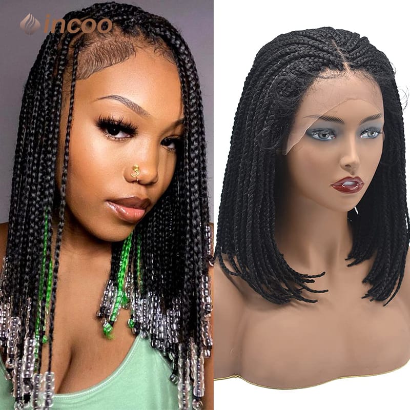Incoo Synthetic Short Bob Wigs Transparent Full Lace Frontal Braided Wigs Braiding Hair Wig Small Square Braids Durable Goddess