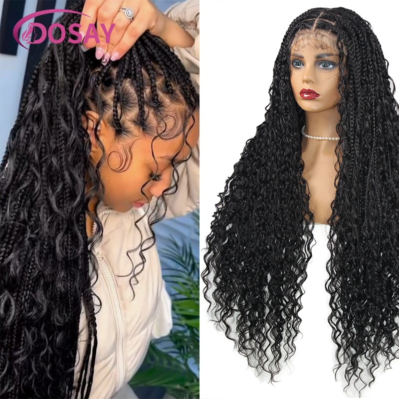 32" Synthetic Braided Wigs Full Lace With Curly Ends Square Knotless Braids  Lace Front Bohemian Curly Hair Dosay Femme Blonde