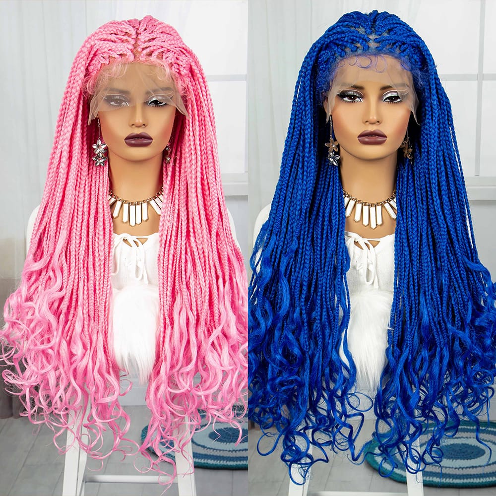 Lace Front Blue Synthetic Braided Wigs Baby Hair Box Braided Wigs for Black Women Pink Braids Wigs End Curly Brazilian Frontal