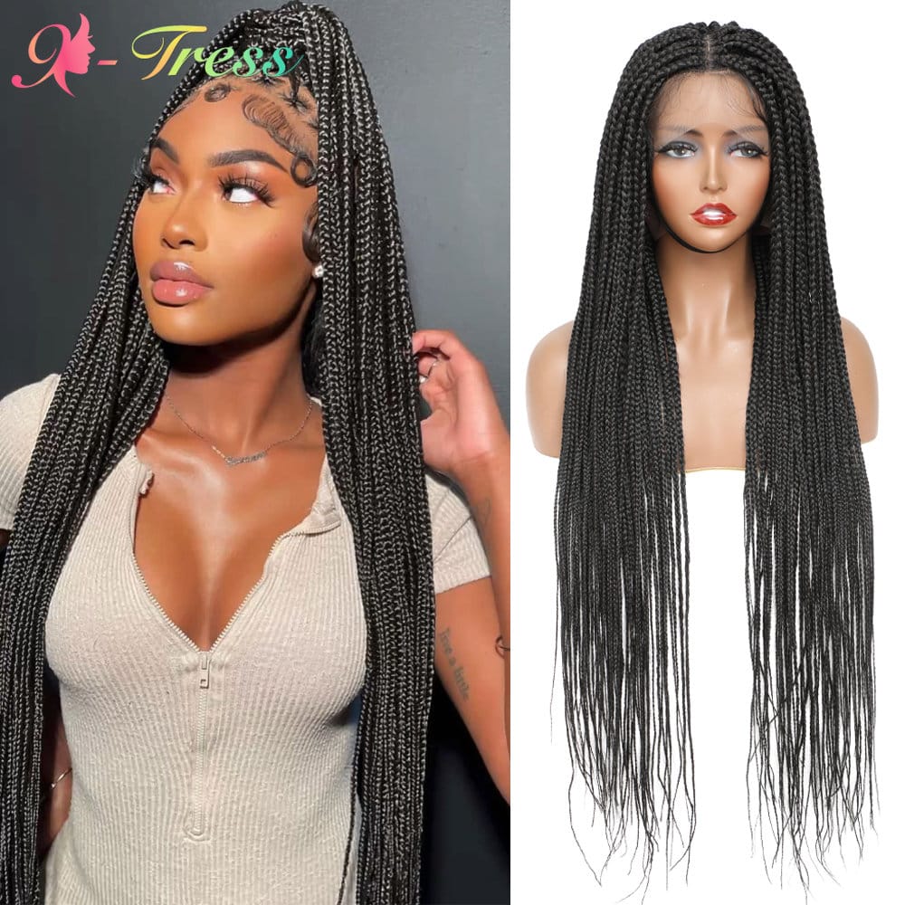 X-TRESS 32inch Full Lace Front Knotless Box Braided Wigs For Black Women Super Long Straight Synthetic Braids Wig With Baby Hair