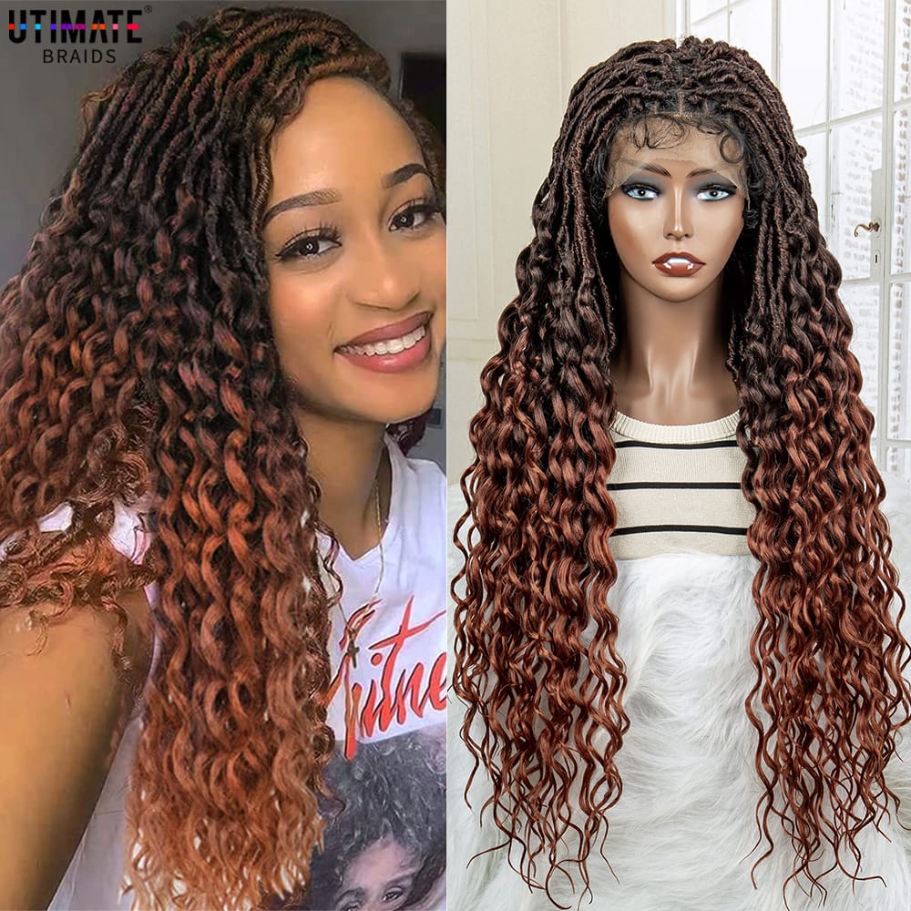 Full Lace Synthetic Knotless Box Braided Wigs for Black Women with Baby Hair 34 Inches Lace Frontal Water Wave Braiding Wigs