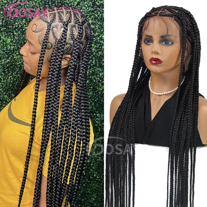 36" Heart Shaped Square Knotless Box Braided Wigs For Women Full Double Lace With Baby Hair Natural Synthetic Braided Lace Wigs