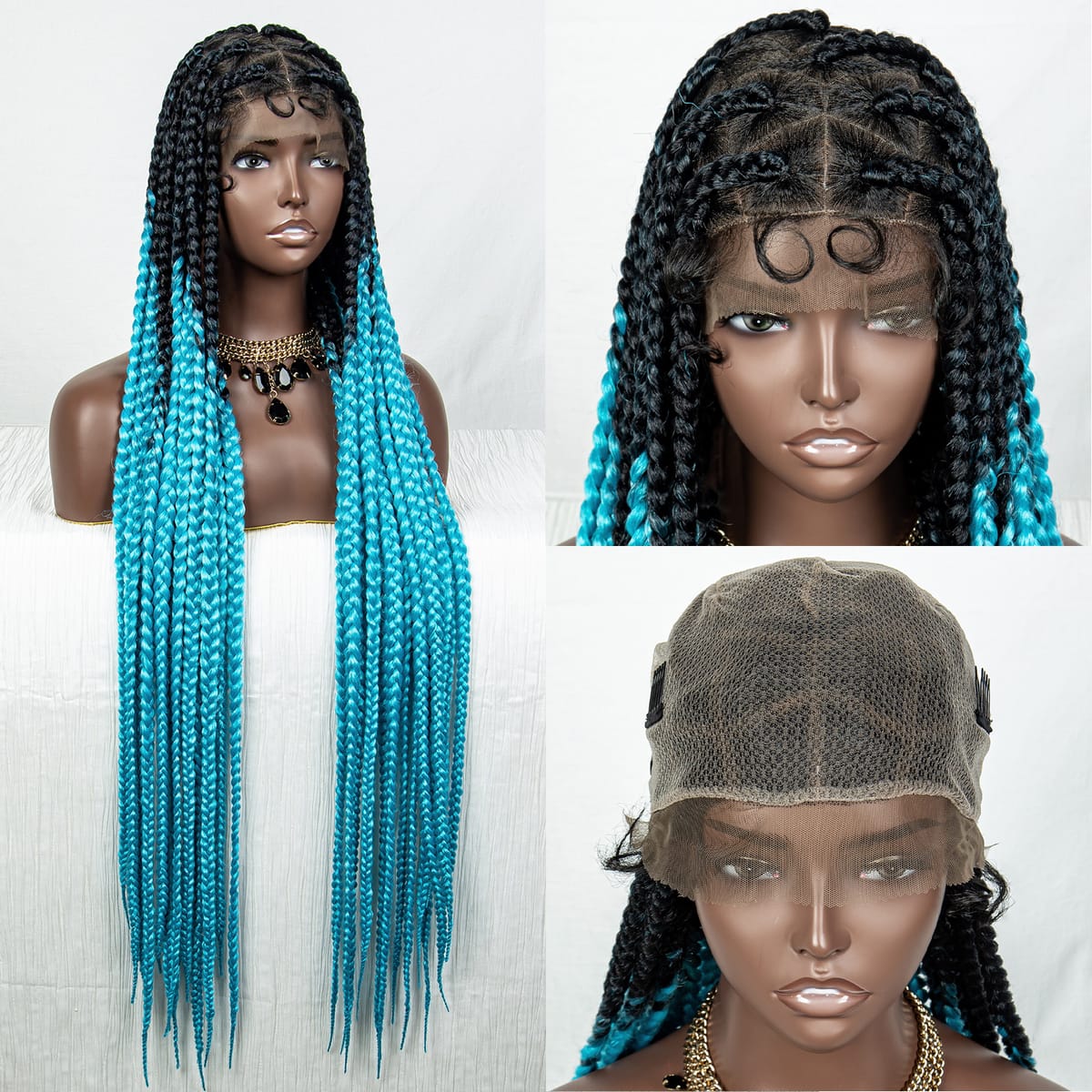 32 Inches Blue Color Straight  Synthetic Full Lace Braided Wigs Knotless Box Braid Lace Wigs with Baby Hair for Black Women