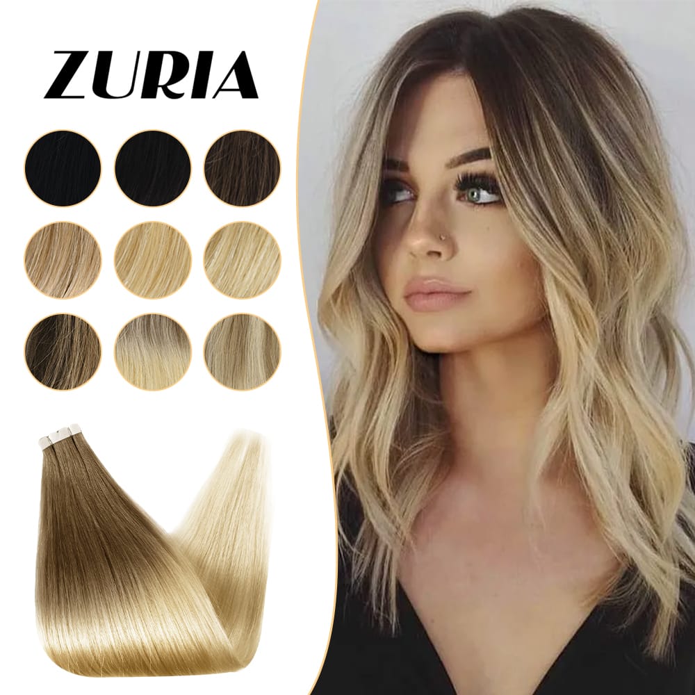 ZURIA Straight Bundles Mini Tape In Human Hair Extensions Invisible Skin Weft Adhesive 12" 100% Natural Real Short Wig For Women