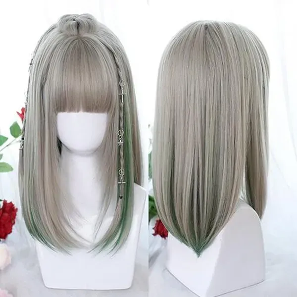 Lolita Long Gray Mixed Green Straight a Role-playing Braid Synthetic Hair Wig