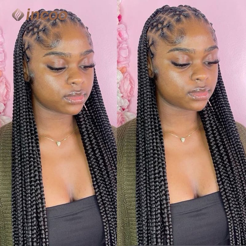 36" Synthetic Hair Lace Front Incoo Full Criss Cross Braids Wig Ginger Pink Brown Braids Classic Durable For Black Women