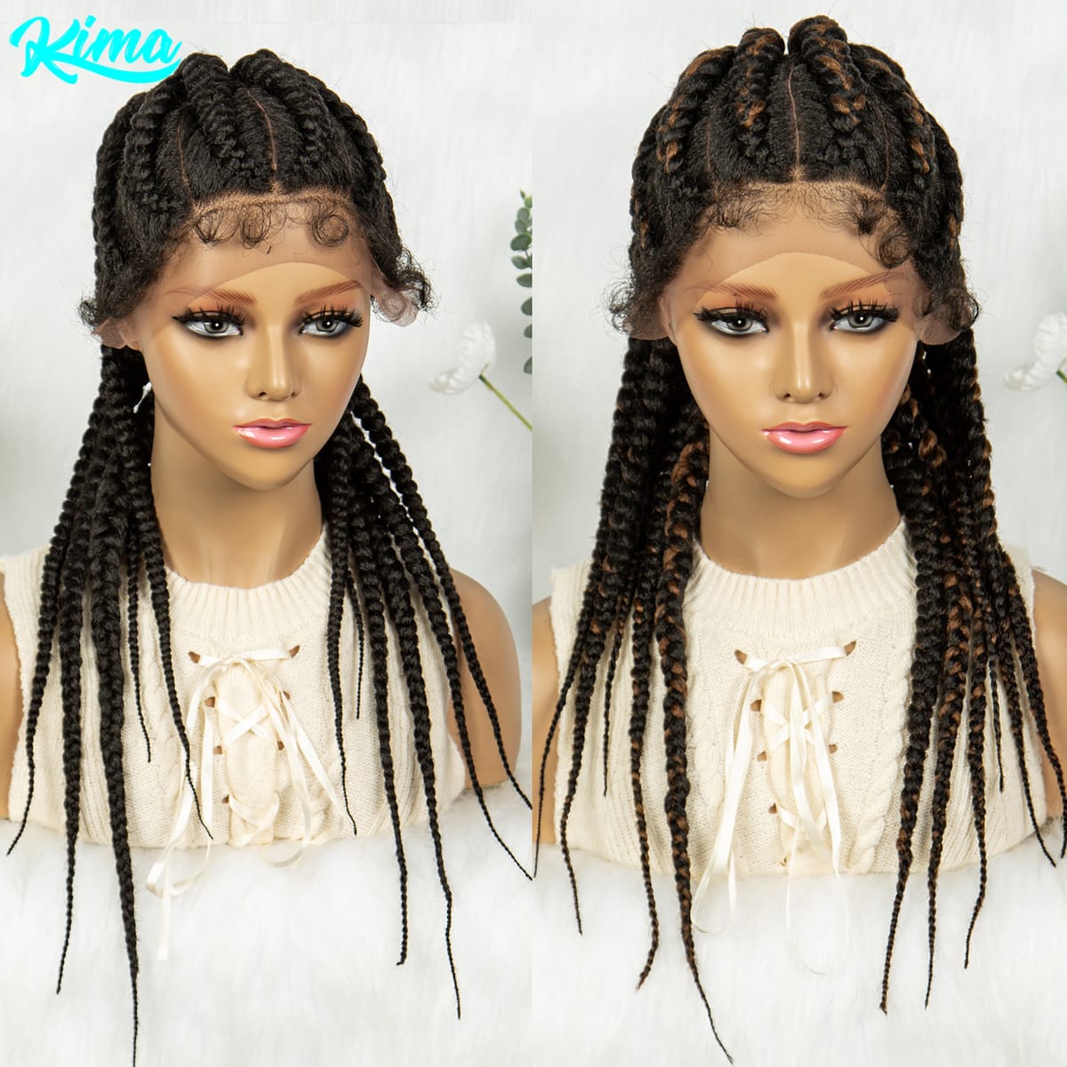 Kima Synthetic Cornrow Braided Haux Wigs Knotless Highlight Brown Ponytail Dutch Braids Wig With Baby Hair for Black Women