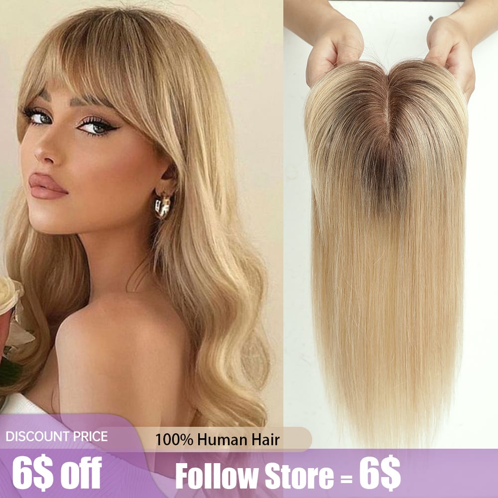 Blonde Human Hair Toppers with Bangs Dark Root Straight Remy Human Hair Silk Base Topper Clip in Hair Extensions for Women Daily