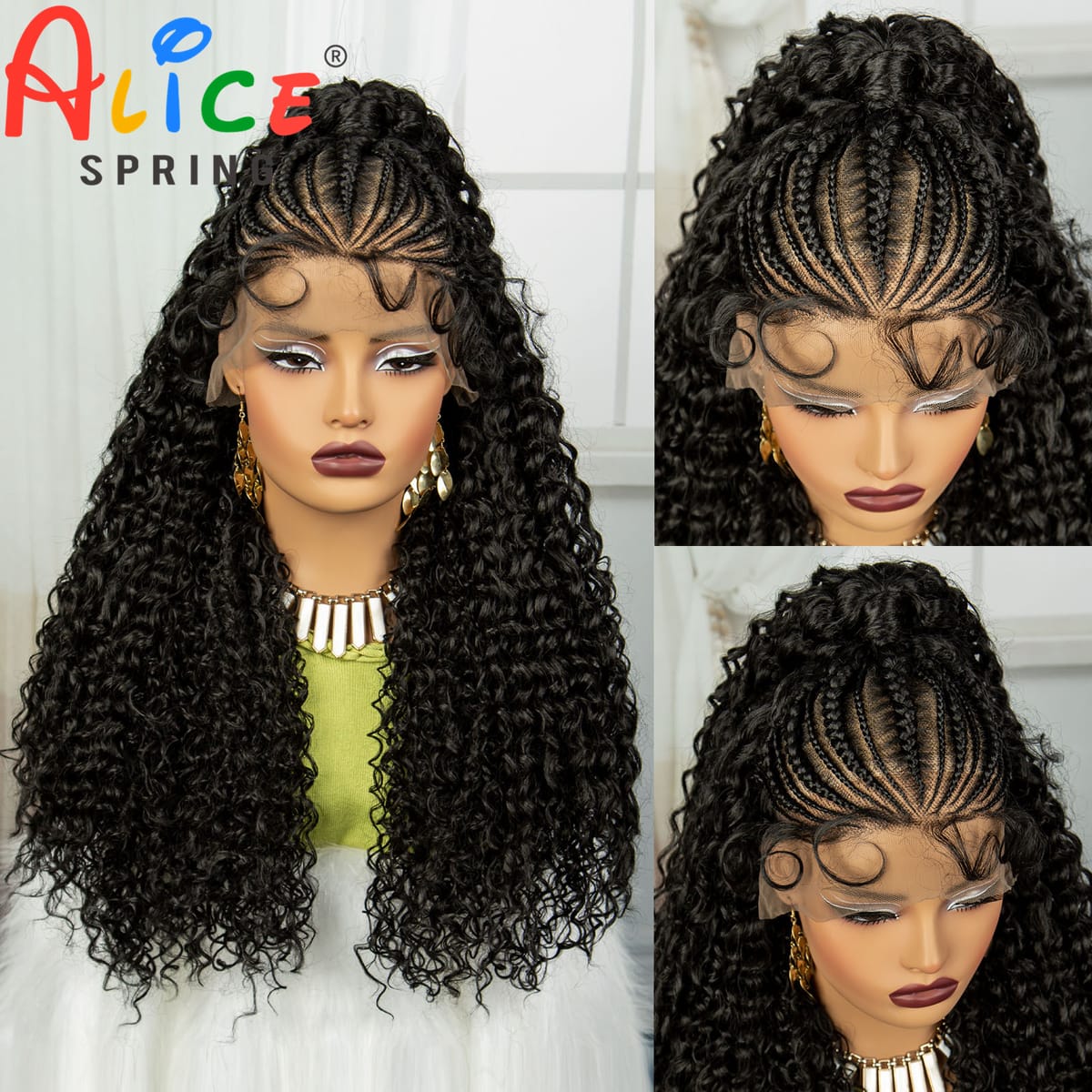 24 Inch Synthetic Hair Wigs Transparent 13x6 Lace Frontal Braided Wigs Natural Curly Cornrow Braids Wig with Baby Hair for Women