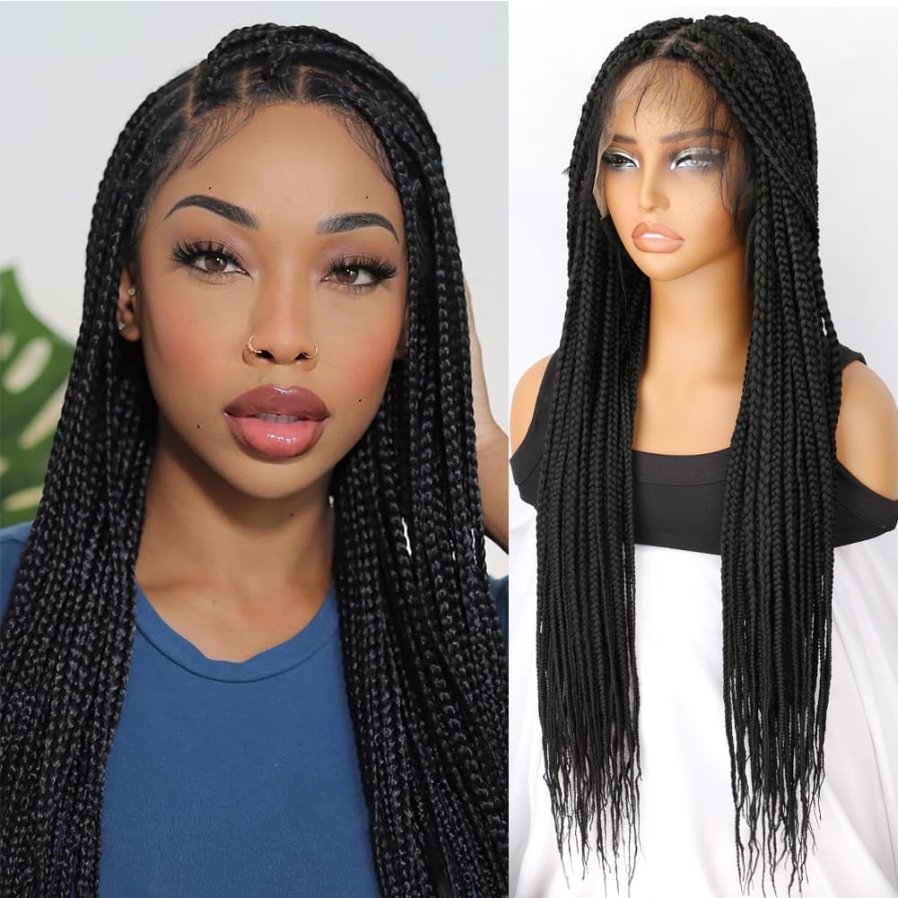 Lace Front Wigs for Women Synthetic 32 Inch Knotless Box Braid Wig With Baby Hair Black Hand Full double lace Braid Wig