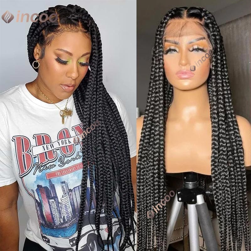 Synthetic Knotless Large Square Box Braided Wigs Full Lace Frontal Square Big Box Braided Hair Wig For Black Women 36 Inches