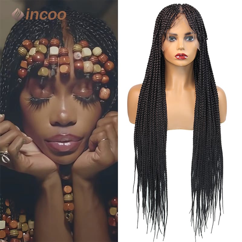 32" Black Synthetic Wig Braid Front Bangs Lace Front Wig Incoo Durable Hair Knotless Box Braids Braided Wigs For Black Women