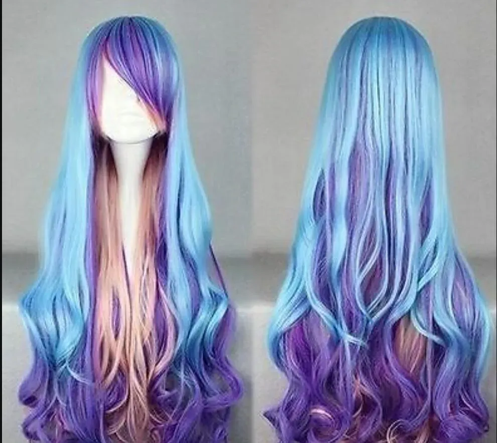 Long Multicolor Blue & Purple Pink Curly Wavy Cosplay Hair Wig
