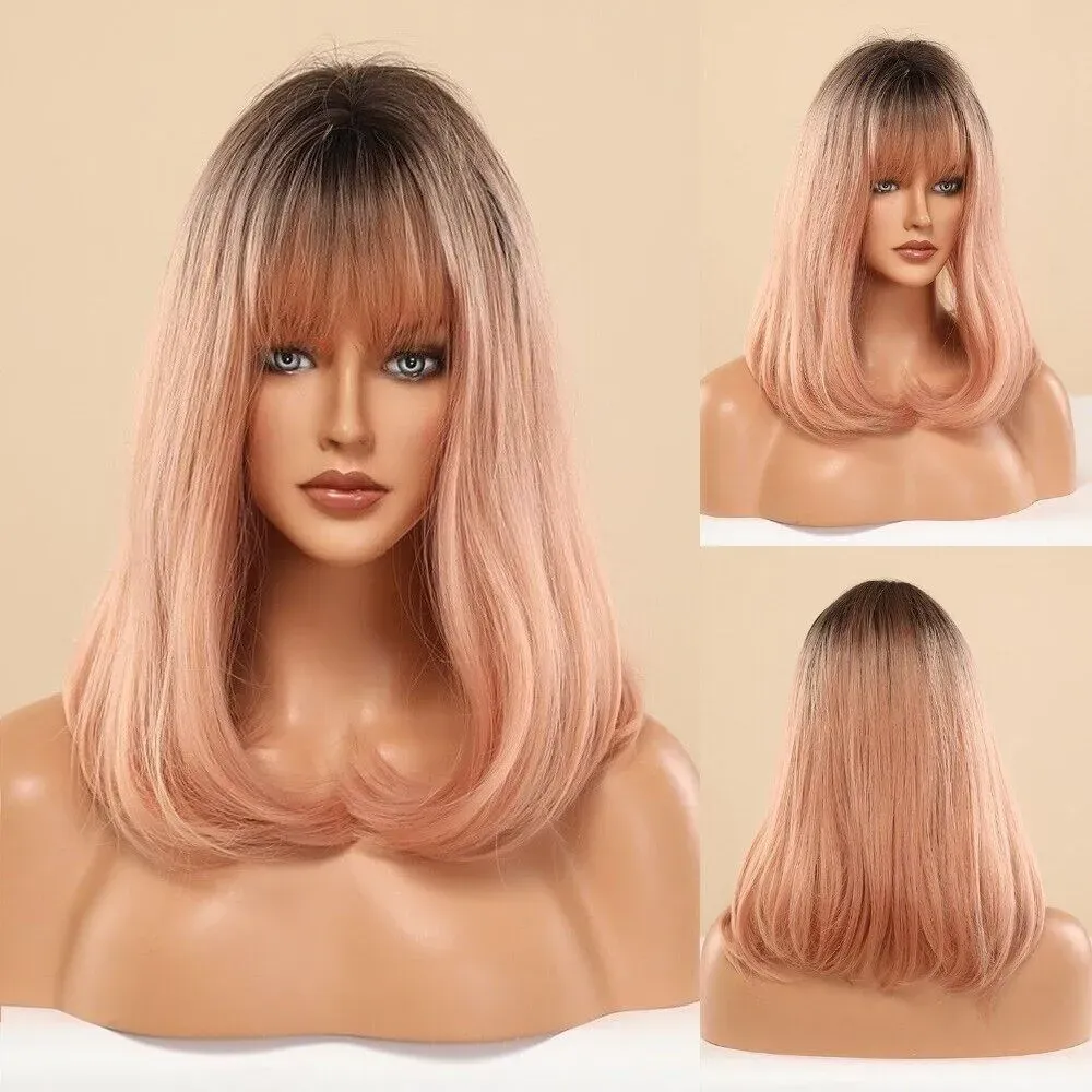 Fashion Long Dark Root Ombre Pink Bangs Cosplay Natural Women Party Hair Wig