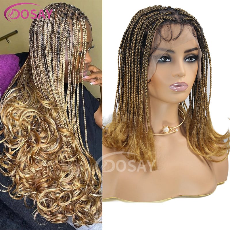 French Curl Braided Wig Box Braided Wigs For Black Women Crochet Hair Cornrow Ombre Blonde African Synthetic Short Braiding Wig