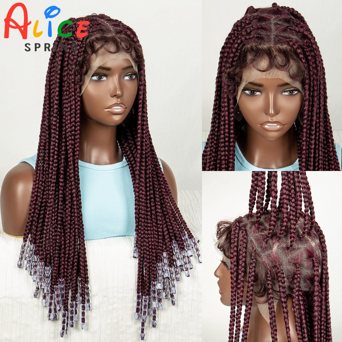 Bungundy Braided Wigs with Beads Synthetic Full Lace Braided Wigs  for Women Knotless Cornrow Twist Braids Wigs with Baby Hair