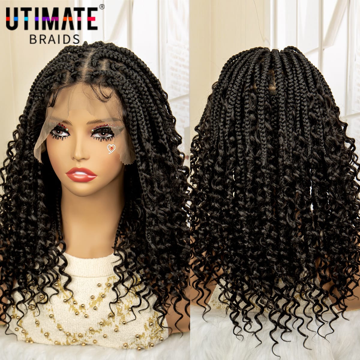 16 Inches Synthetic Full Lace Square Knotless Box Braided Wigs with Curly Boho Braids Wig with Baby Hair for Black Women