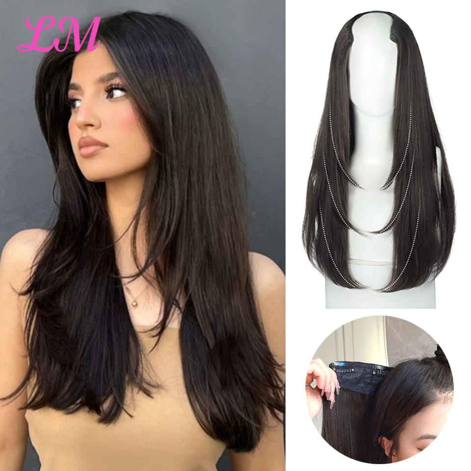LM Women's V-Shaped Long Hair Extension Synthetic Wig Layered Hair Extension Hair Pad Fluffy Top Increase Hair Volume