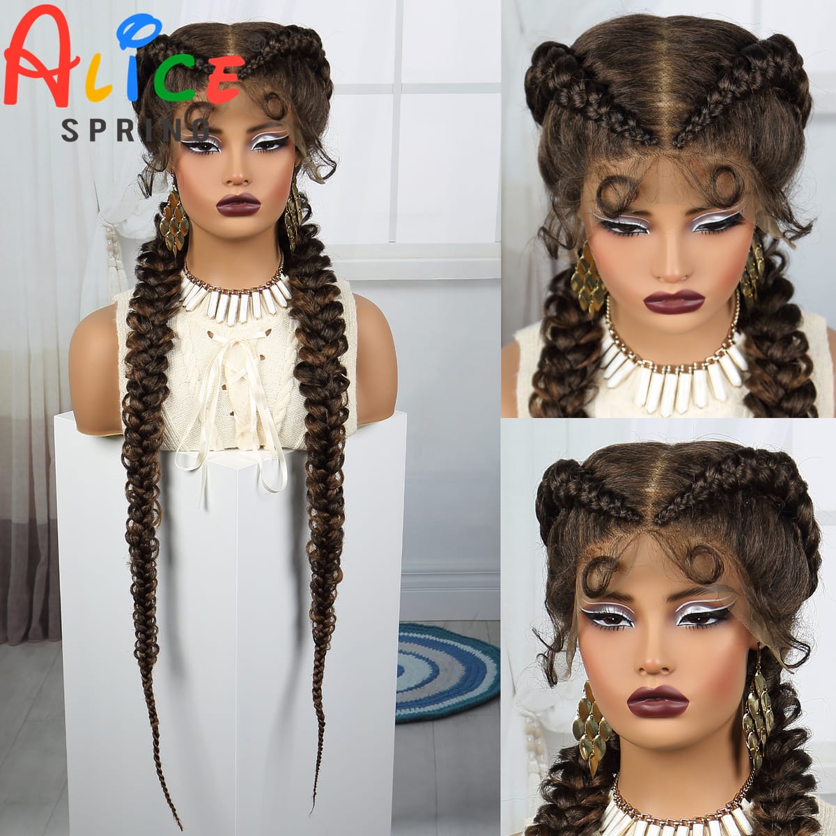 1B-30 Color Synthetic Lace Braided Wig 36 Inch Twisted Braids Transparent Lace Front Braided Wigs for Black Women with Baby Hair