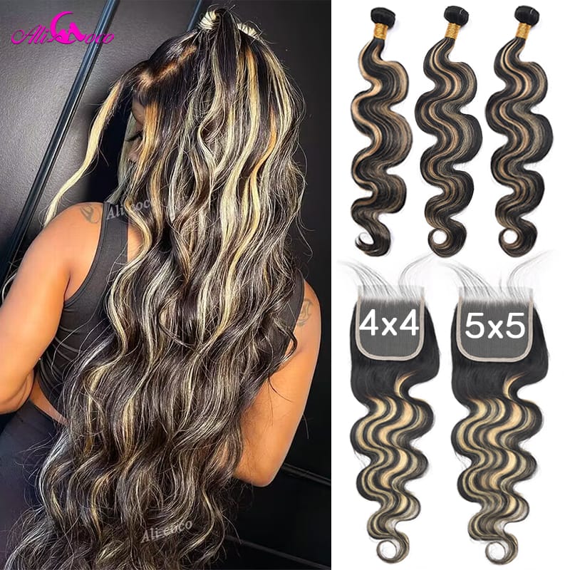 Highlight P1B/27 Colored Human Hair Bundles With Closure 4x4 5x5 Body Wave Bundles With Closure Brazilian Hair Weave Bundles