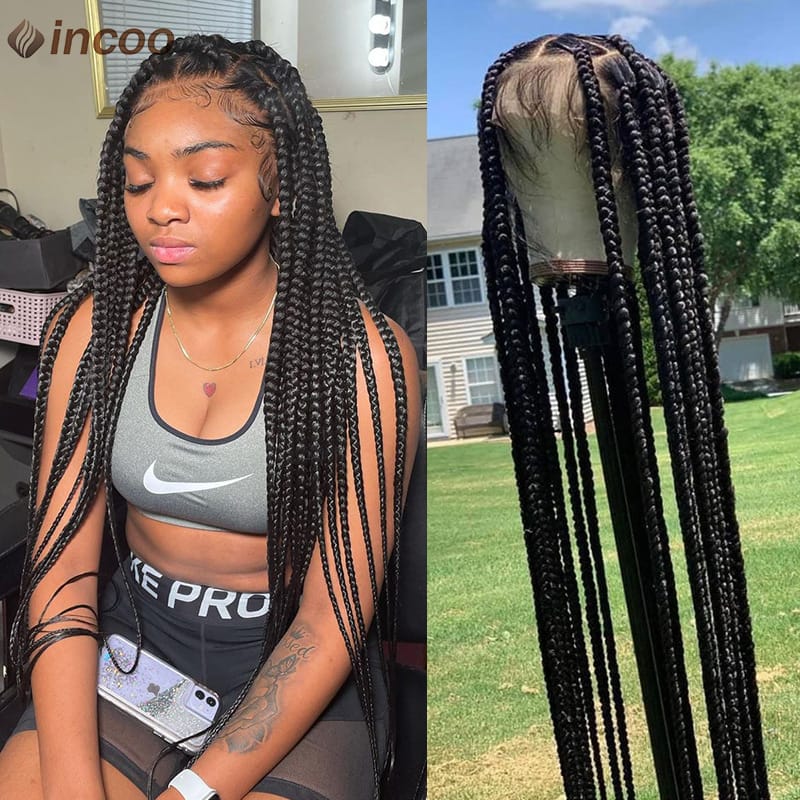 36" Full Lace Front Box Braided Synthetic Wigs Knotless Cornrow Braids Lace Frontal Wigs With Baby Hair Black Women Jumbo Braids