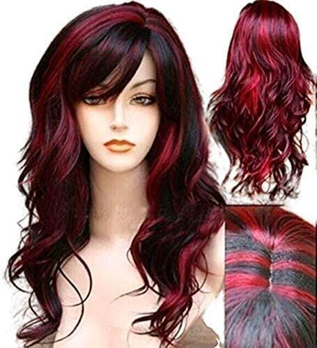 Short Curly Wig with Bangs Synthetic Long Hair Wavy Red Mixed Black