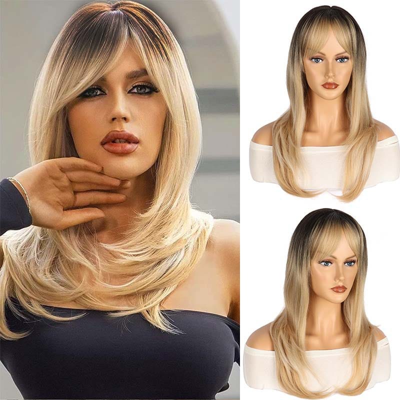 24"inch New Women's Long mixed Blonde Middle Part Ombre Wavy Cosplay Party Hair Full Wig