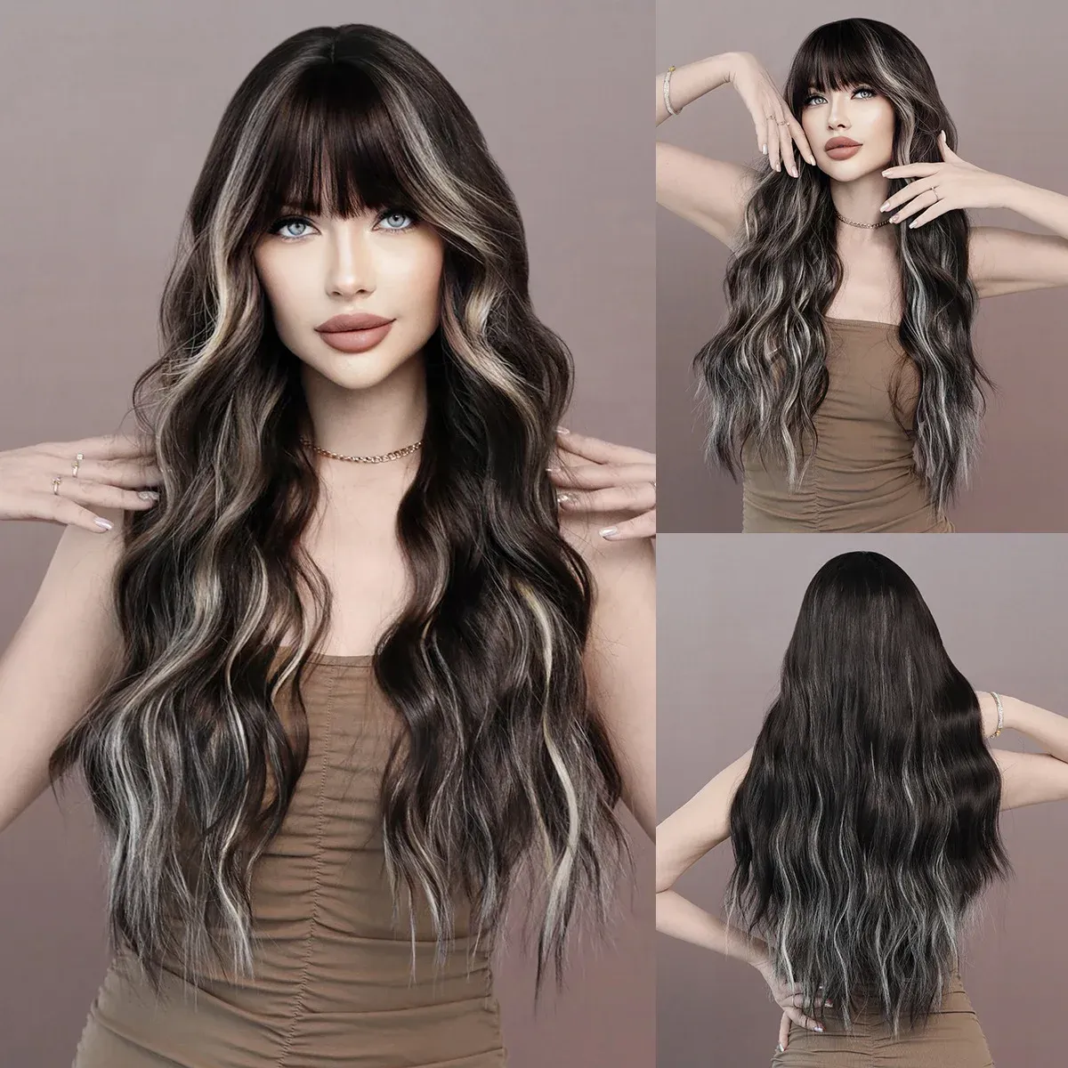 26“ Long Omber  mix Brown Wavy Women’s Hair Wig with Bangs for Halloween Christmas Wigs