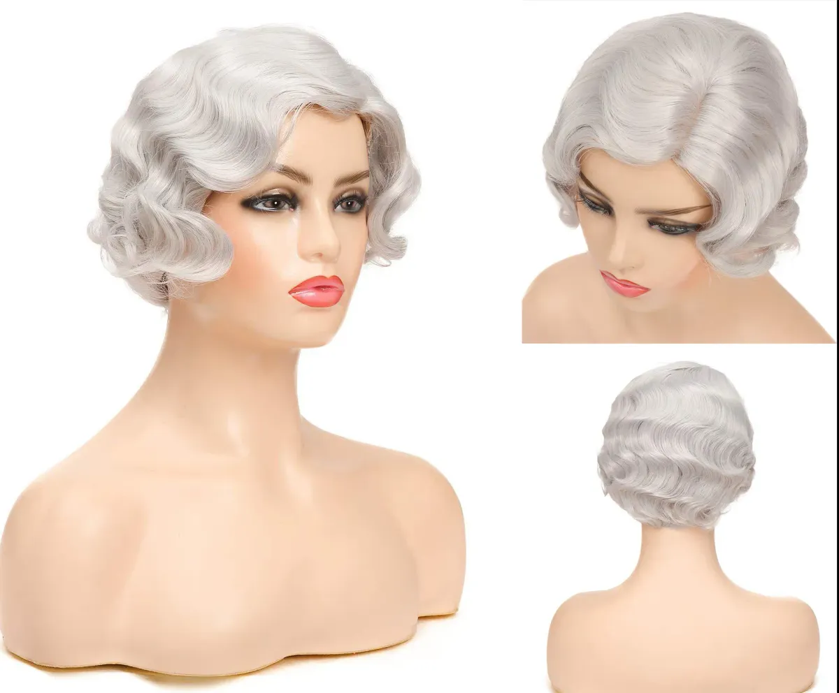New Women's Short Silver White Wavy Cosplay Hair Full Wig