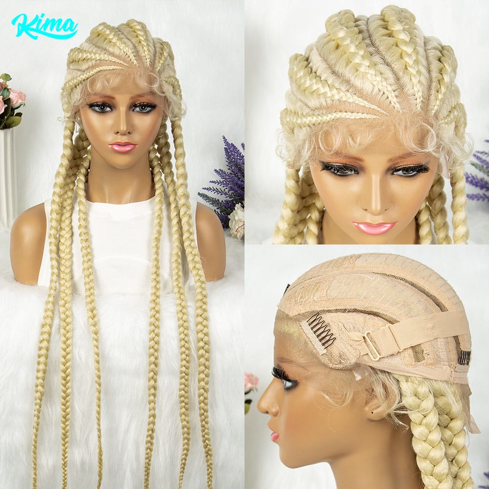 Blonde Color Synthetic Cornrow Braids Wig Lace Front Knotless Box Braided Wig 36 Inches African American Braiding Hair For Women
