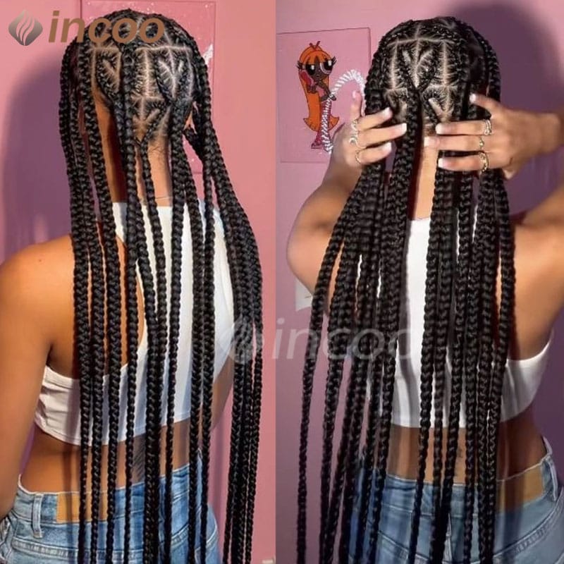 Synthetic Box Jumbo Braided Wigs 36 Inch Heart Shaped Knotless Full Lace Braiding Wigs With Baby Hair For Black Women Braids Wig