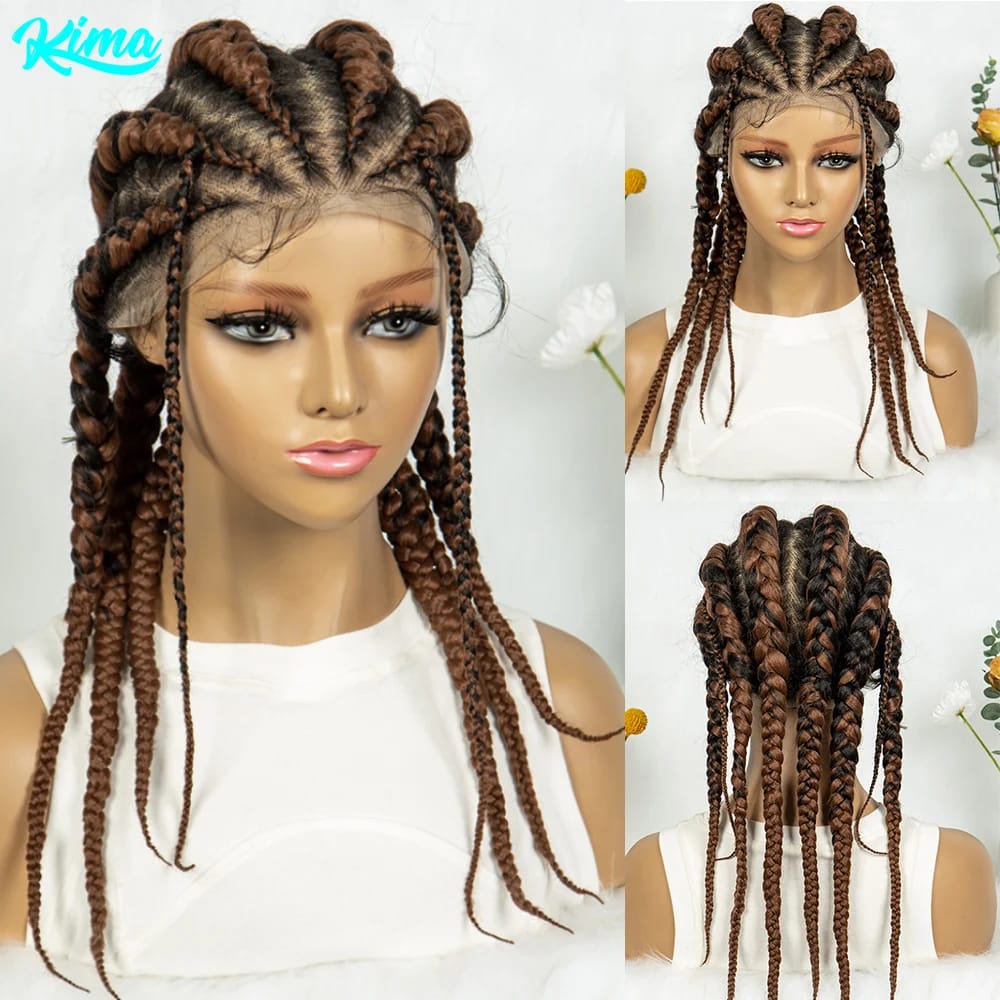 KIMA Synthetic Short Cornrow Braided Wigs Pigtails Full Lace Wig Stitch Box Braided Wigs with Baby Hair for Black Women